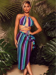Sexy Style Striped Contrast Color Printing Bikini Set