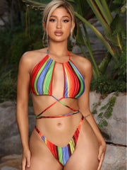 Sexy Style Striped Contrast Color Printing Bikini Set