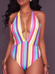 Striped  V Neck Backless Beach Swimsuits For Women