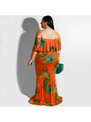 Leaf Printed Off Shoulder  Plus Size Maxi Dresses