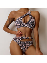 Sexy Leopard Print Hollow Out One Shoulder Swimsuit