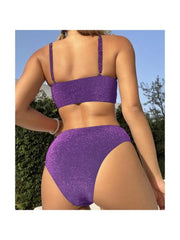 Pure Color Shiny High Waist Women's Bikini Swimsuit
