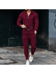 Pure Color Stand Collaring Top And Trouser Men's Suit