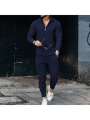 Pure Color Stand Collaring Top And Trouser Men's Suit