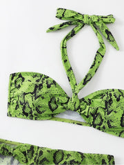 Sexy Snake Print Halter Hollowed Out Bikini Three-Piece Set