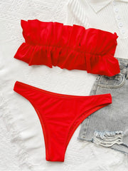 Sexy Pure Color Backless Ruffled Strapless Bikini Sets