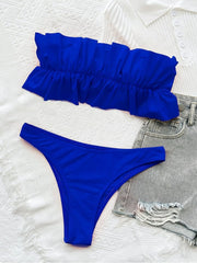 Sexy Pure Color Backless Ruffled Strapless Bikini Sets