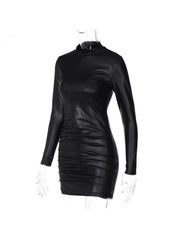 Fall Solid Ruched Long Sleeve Mini Dress