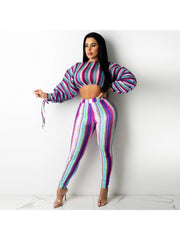 Fall Striped Crop Top And Skinny Trouser Women's Sets