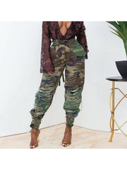 Camouflage  Green Ripped Women Pants