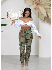 Camouflage  Green Ripped Women Pants