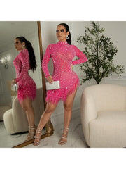 Sexy Fashion Hot Drilling Feather Long Sleeve Dress