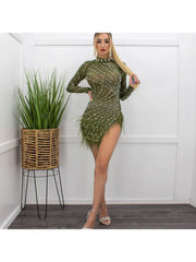 Sexy Fashion Hot Drilling Feather Long Sleeve Dress