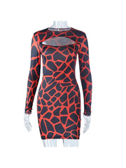 Hollow Out  Red Printed Long Sleeve Dress