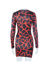 Hollow Out  Red Printed Long Sleeve Dress
