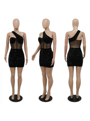 Sequins Patchwork Nightclub Inclined Shoulder Mini Dress