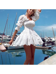 Casual  Embroidery Puff Sleeve Short Dress