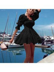 Casual  Embroidery Puff Sleeve Short Dress