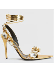 Ladies  Rhinestone Gold Lace Up  Heeled Sandals