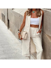 Casual Sleeveless Coat And Straight Leg Pants Two-Piece Set