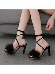 Feather Fur Patch Lace Up Heeled Sandals