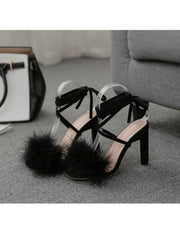 Feather Fur Patch Lace Up Heeled Sandals