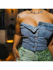 Trendy Women  Button Up  Blue Denim Strapless Tops