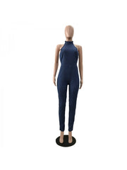 Zip Denim Sleeveless Bodycon Jumpsuits For Women