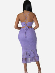 Women's Backless Tassels Knitting Sleeveless Skirts Set