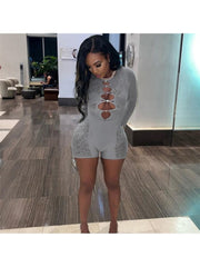 Lace Cutout Long Sleeve Sexy Rompers Shorts For Women