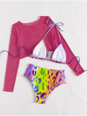 Leopard  Halter Long Sleeve  2 Piece Bikini Sets