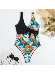 Sexy V Neck Colorblock Printed One-Piece Swimsuit