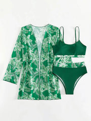 Green Printed 3 Piece Cover Up Bikini Sets For Women