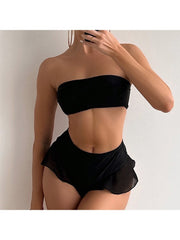 Women Black Ruffled Bandeau Bikini Sets For Women