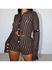 Fashion  Knitted Striped Long Sleeve Two-Piece Shorts Sets