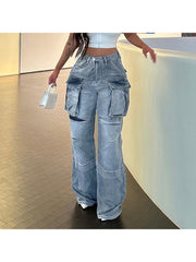 Designer High Waist Blue Straight Cargo Jeans For Women