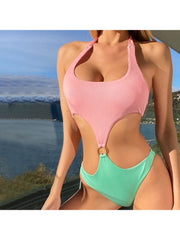 Cutout  Pink Green Colorblock Halter One Piece Swimsuits