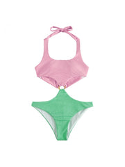 Cutout  Pink Green Colorblock Halter One Piece Swimsuits
