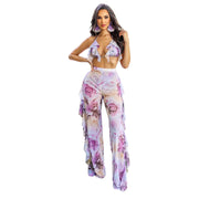 Purple Flower Pattern 3 Piece Pant And Bikini Sets