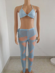 See Through Blue 3 Piece Pant Bikini Sets