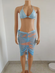 Ruched  Drawstring See Through Blue  Skirt Bikini  Sets