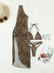 Leopard Print One Shoulder Dress 3 Piece Bikini Sets