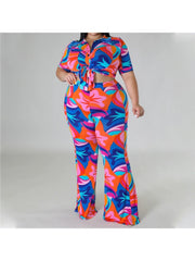 Casual Blue Printing Shirt Top And Trouser Plus Size Sets