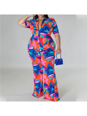 Casual Blue Printing Shirt Top And Trouser Plus Size Sets