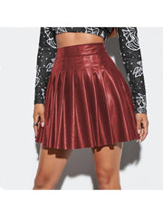 Fashion Leather Pure Color Pleated Skirts