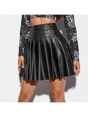 Fashion Leather Pure Color Pleated Skirts