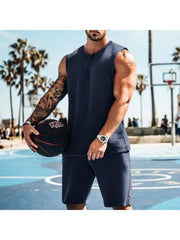 Men Solid Sleeveless Vest Two-Piece Shorts Sets