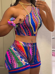 Sexy Printing One Shoulder Sleeveless Trouser Set