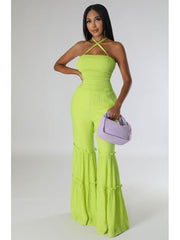 Pure Color Ruched Backless Jumpsuits