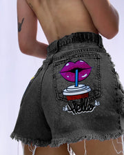 Women's Sexy Printing Zipper Denim Shorts